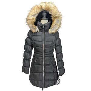 Laundry by Shelli Segal Black Faux Fur Trim Puffer Coat XS NWT